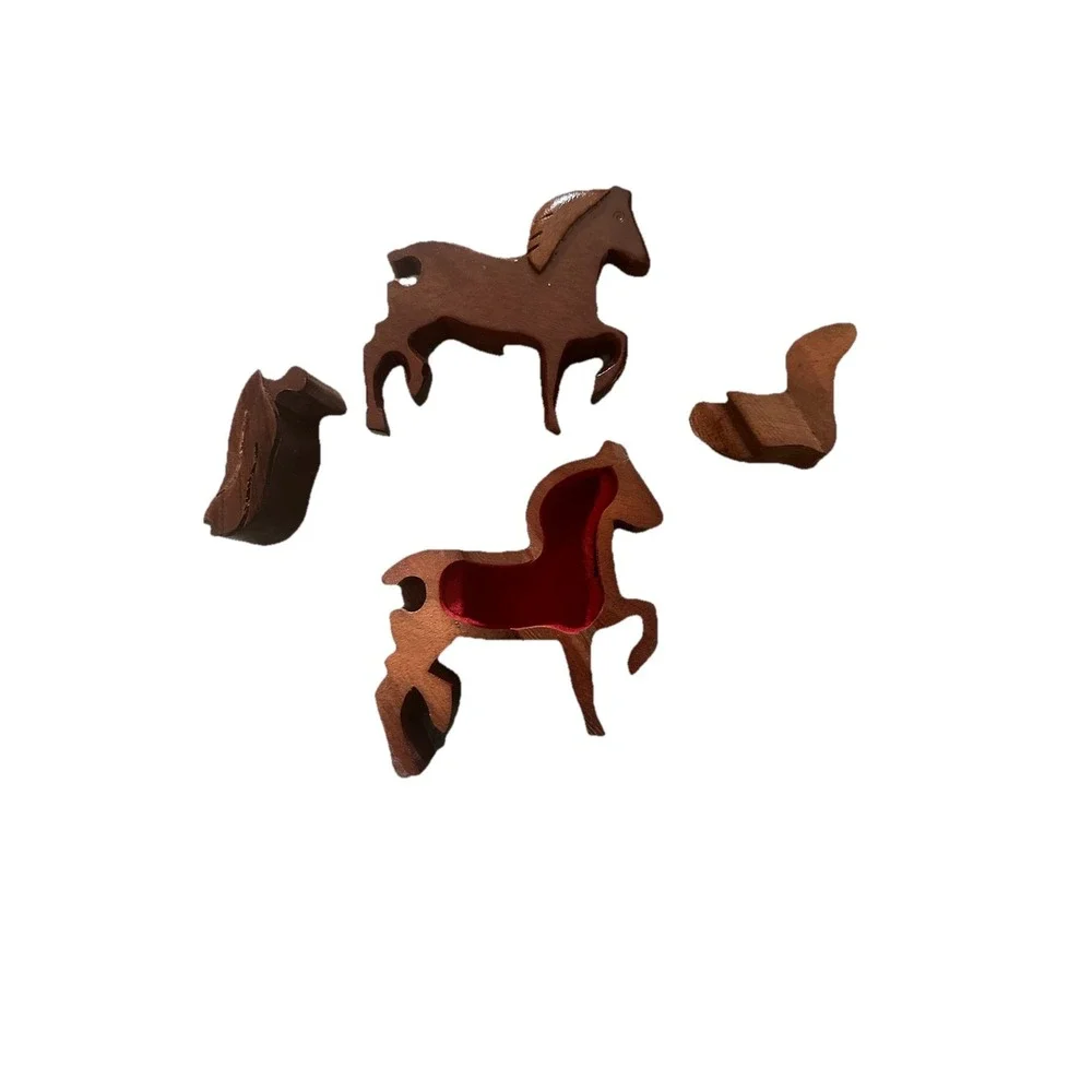 Vintage Hand Carved Wooden Horse Puzzle Trinket Box